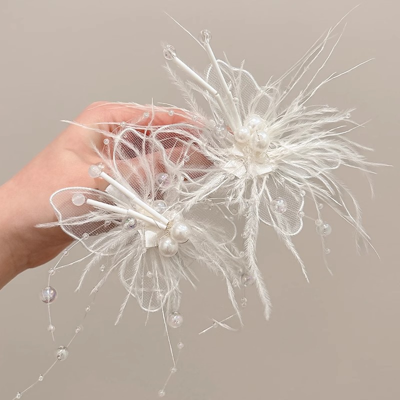 tktk优雅仙女羽毛发夹新娘侧边刘海卡子ins风感头饰戒指烟花易冷