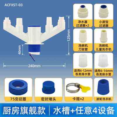 新款鲸奇厨房下水管三通专用集成排水器50/75管多功能防臭前置接