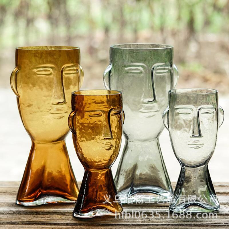 摆件网红透明玻璃花瓶客厅人脸创意插花摆设饰品皓杨彩色