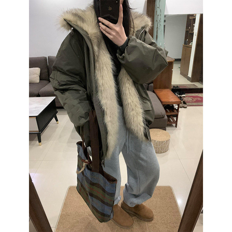 新国标90白鸭绒羽绒服女三防拼接花苞毛领派克服女款冬季座山雕潮