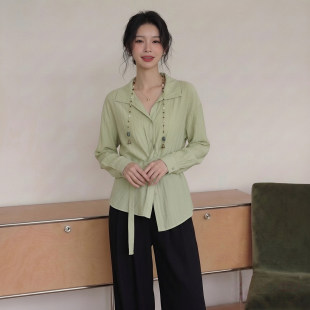 多巴胺很明媚法式 外套女春季 衬衣不规则收腰上衣 棉麻衬衫 绿色长袖
