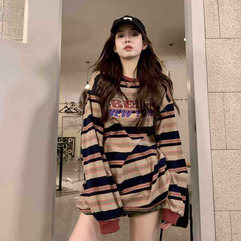 秋季美式覆古条纹长袖T恤女2026新款宽松内搭下衣失踪打底上衣春
