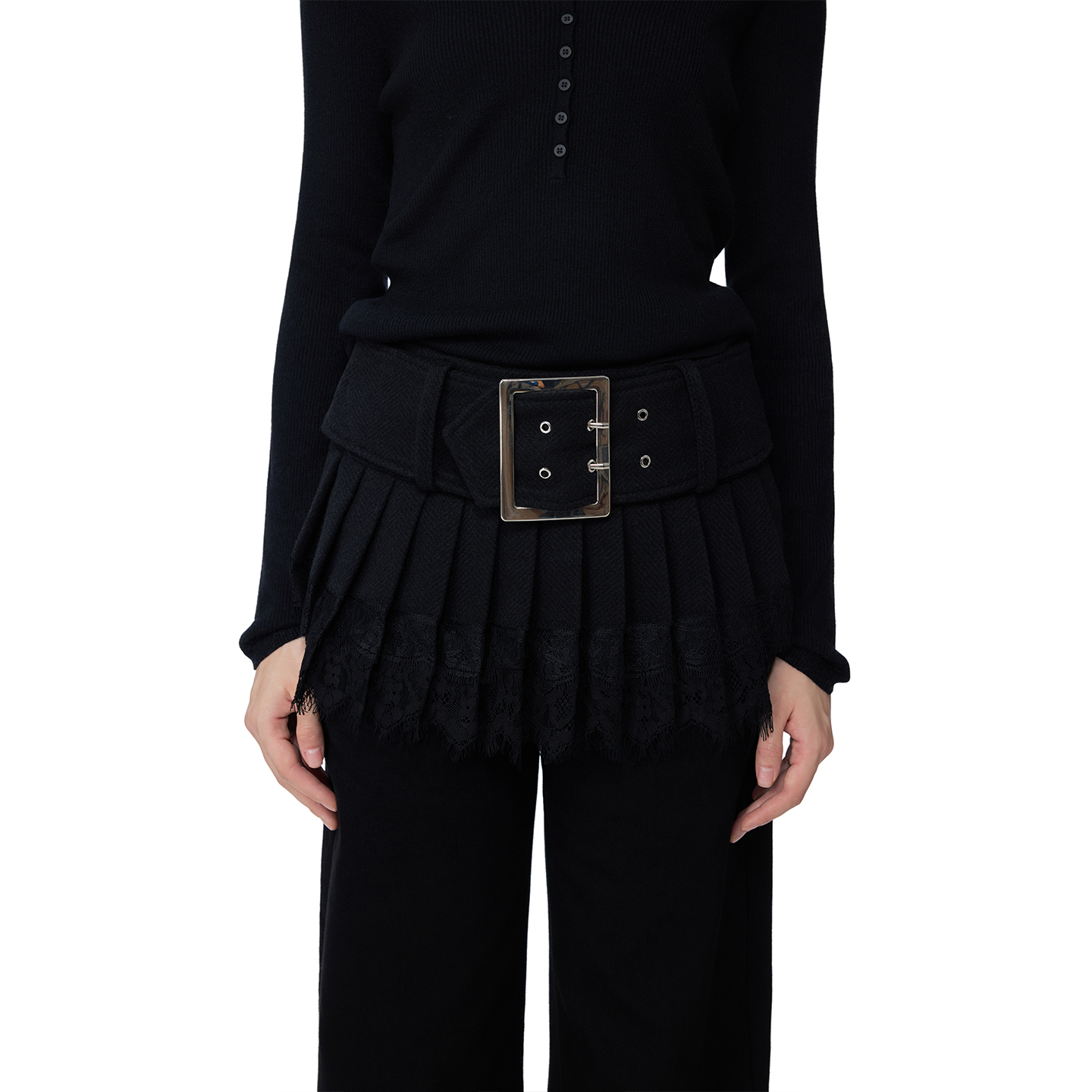 无脊椎25fw-027人字纹低腰毛呢拼接蕾丝百褶短裙