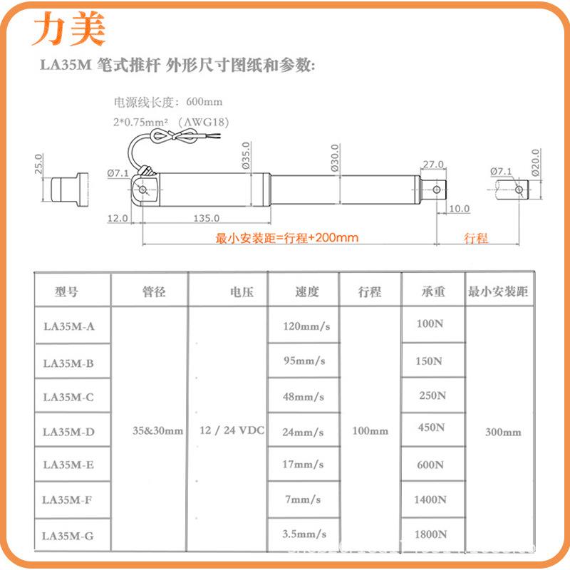 管径3推5&30m10m409m行程直流推杆推m力01800N笔式电动杆