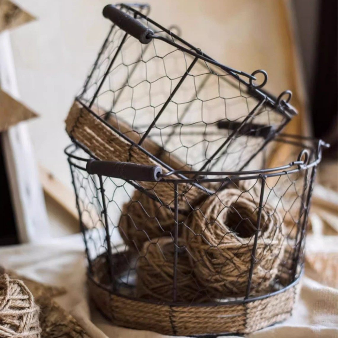 手工铁线编织提篮收纳筐篮装饰复古铁艺ZAKKA杂货美式乡村田园风