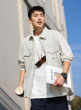 VR97泡泡纱条纹长袖衬衫男日系潮流秋季新款纯棉宽松休闲廓形衬衣