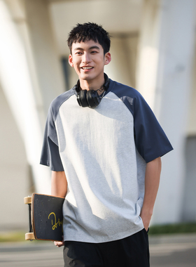 VR97纯棉日系少年感短袖T恤男春夏新款300G重磅撞色插肩袖上衣潮