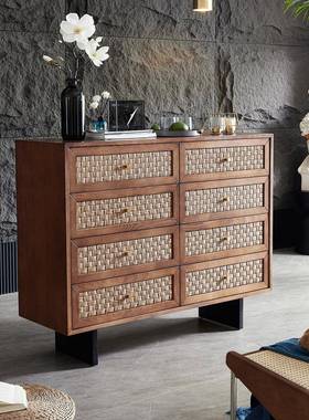 北欧实木藤编四六29707八柜侘纳寂风斗屉餐边抽收柜储物柜日式玄