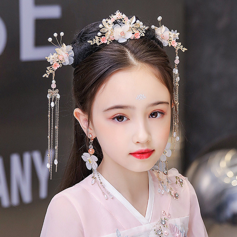 儿童汉服唐装古风头饰流苏发饰中国风古代发簪步摇女童超仙古装_虎窝淘