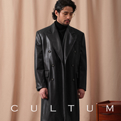 CULTUM柴斯特皮大衣双排扣戗驳领中长款 休闲复古纯色秋冬外套男士