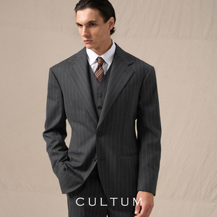 复古条纹商务西装 CULTUM免烫西服男式 套装 Super110半麻衬羊毛