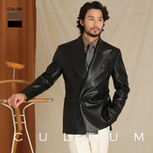 CULTUM意式 复古擦色洗水工艺双排扣戗驳领皮衣休闲夹克西装 外套男