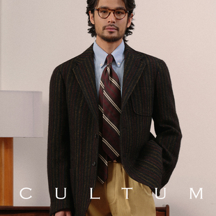 CULTUM100%羊毛复古粗花呢条纹西服夹克布雷泽西装 外套男休闲加厚