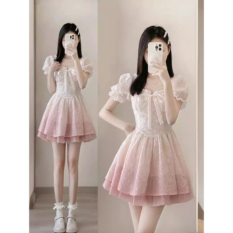 渐变法式方领泡泡袖连衣裙女夏茶歇超仙公主蓬蓬裙小个子生日礼服