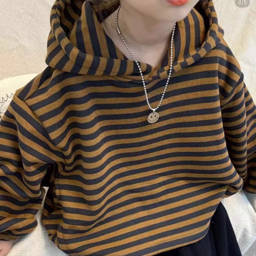 儿童条纹时髦宽松加绒连帽卫衣