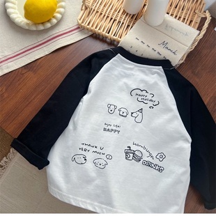 男女童时髦卡通百搭纯棉上衣 t恤春秋装 儿童新款 韩系洋气拼色长袖