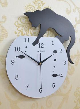 现代装饰欧田BZQ园无式挂钟客时尚卧室时钟创意卡通时厅声尚猫