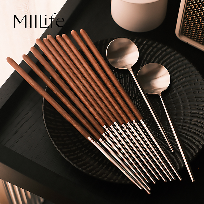 MIILife 食品级304不锈钢筷子家用抗菌勺子套装油炸高档红檀木头
