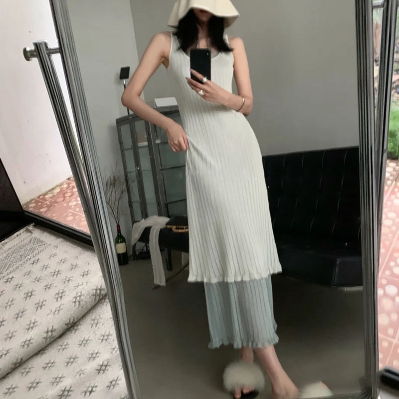 swaying设计师品牌23ss双层罗纹吊带背心连衣裙法式优雅设计感ins