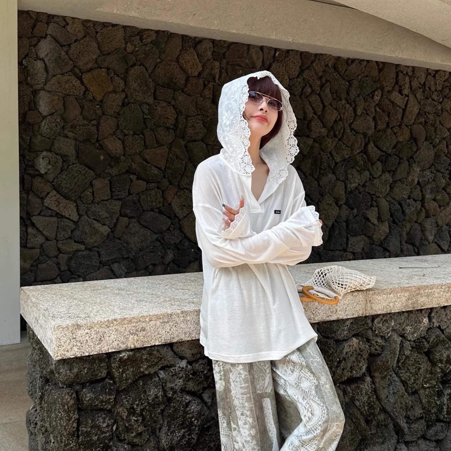 现货蕾丝连帽防晒衣长袖T恤女