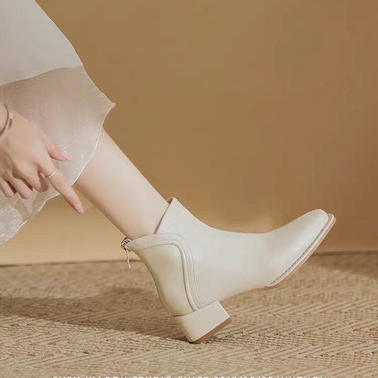 法式绝美小短靴法式小香风春秋白色加绒炸街小短靴粗跟女高跟鞋踝