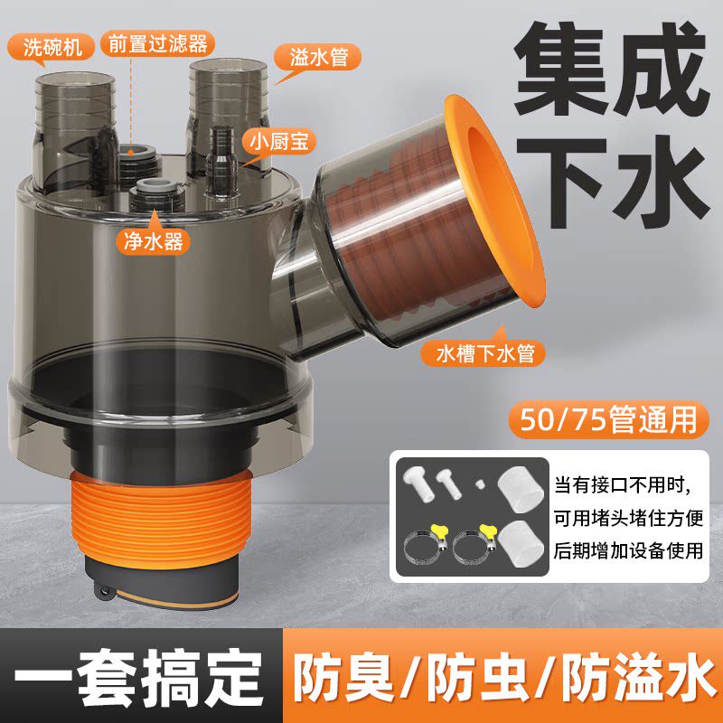 厨房下水管三头通洗碗机水槽排水管净水器密封塞分流水防返臭神器