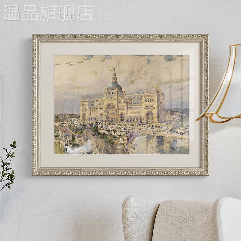 法式复古建筑玄关背景墙装饰画美式轻奢餐厅墙面壁画书房欧式挂画图片