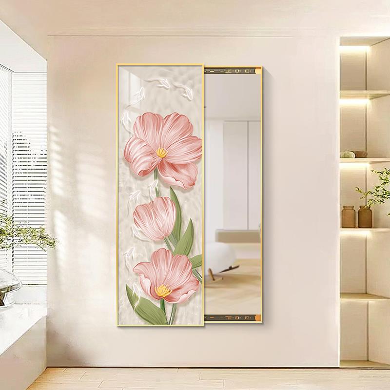 奶油风隐藏式可推拉全身镜九鱼花卉镜子画客厅玄关隐形穿衣试衣镜