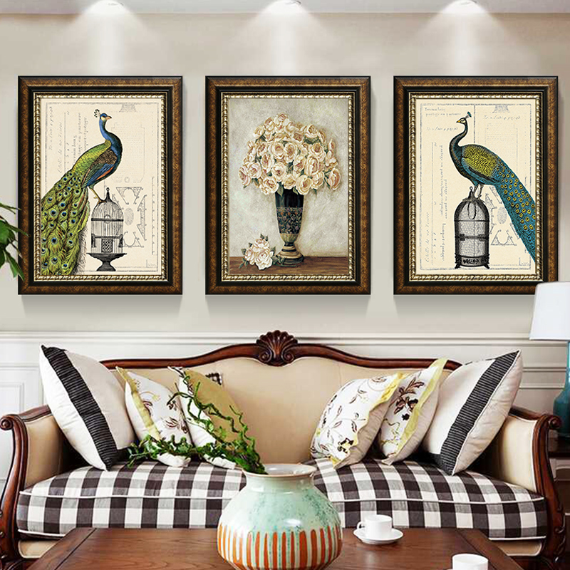 网红欧式客厅沙发背景装饰画孔雀定做三联画简欧油画美式轻奢墙画图片