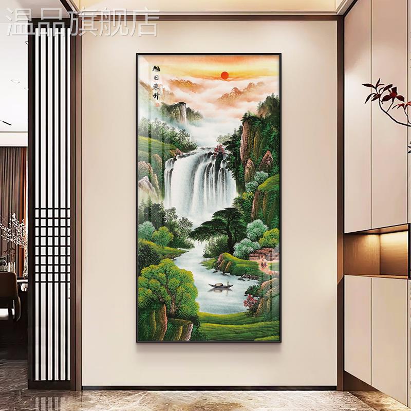 国画旭日东升山水画中式迎客松挂画玄关过道壁画客厅装饰画流水画