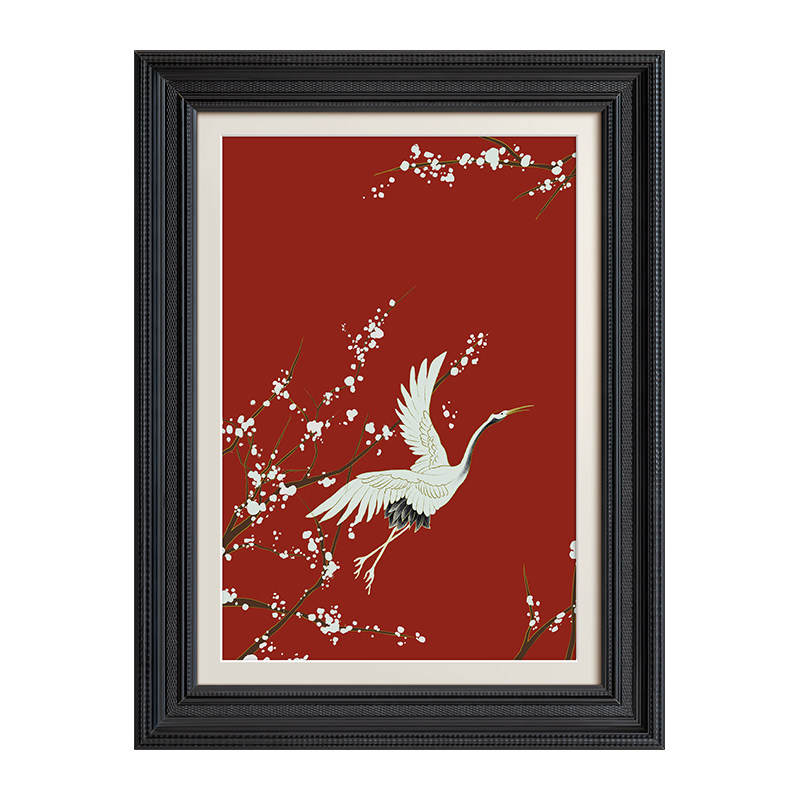 新款法式中国风红色客厅装饰画新中式玄关书房美式餐厅壁画白鹤图