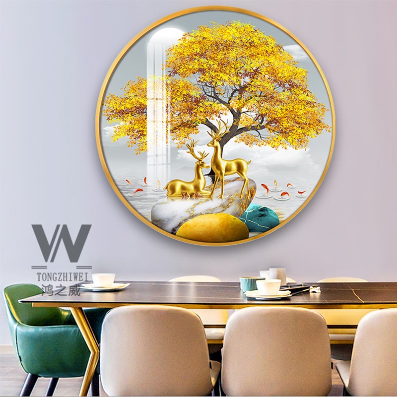 发财树玄关挂画新中式餐厅壁画客厅走廊过道挂画招财鹿圆形装饰画图片