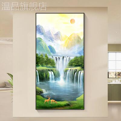 流水生财山水风景画入户玄关装饰画进门旭日东升挂画走廊过道壁画