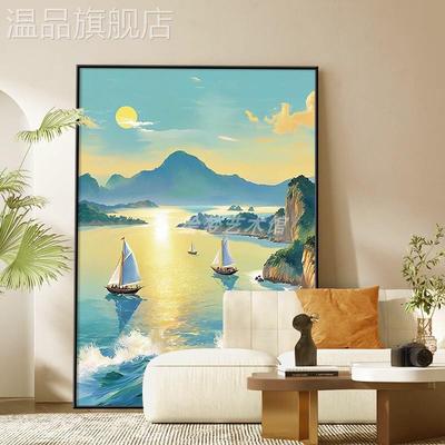 玄关抽象派山水风景装饰画客厅大海帆船一帆风顺壁画旭日东升挂画