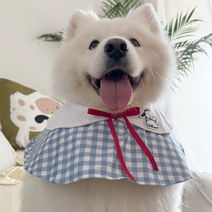 宠物狗狗春夏薄款蓝色格子蝴蝶结围兜中大型犬金毛可爱围嘴围巾