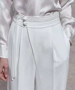中高腰醋酸阔腿裤 女显瘦遮肚肭盘扣黑色白色卡其色气质通勤风垂感