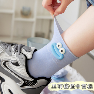 薄款 可爱袜子女夏季 中筒无骨袜ins潮彩色卡通立体大眼睛情侣长袜
