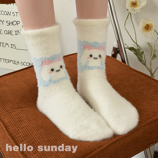 毛茸茸加绒加厚袜子女秋冬款可爱保暖卡通水貂绒中筒袜地板睡眠袜