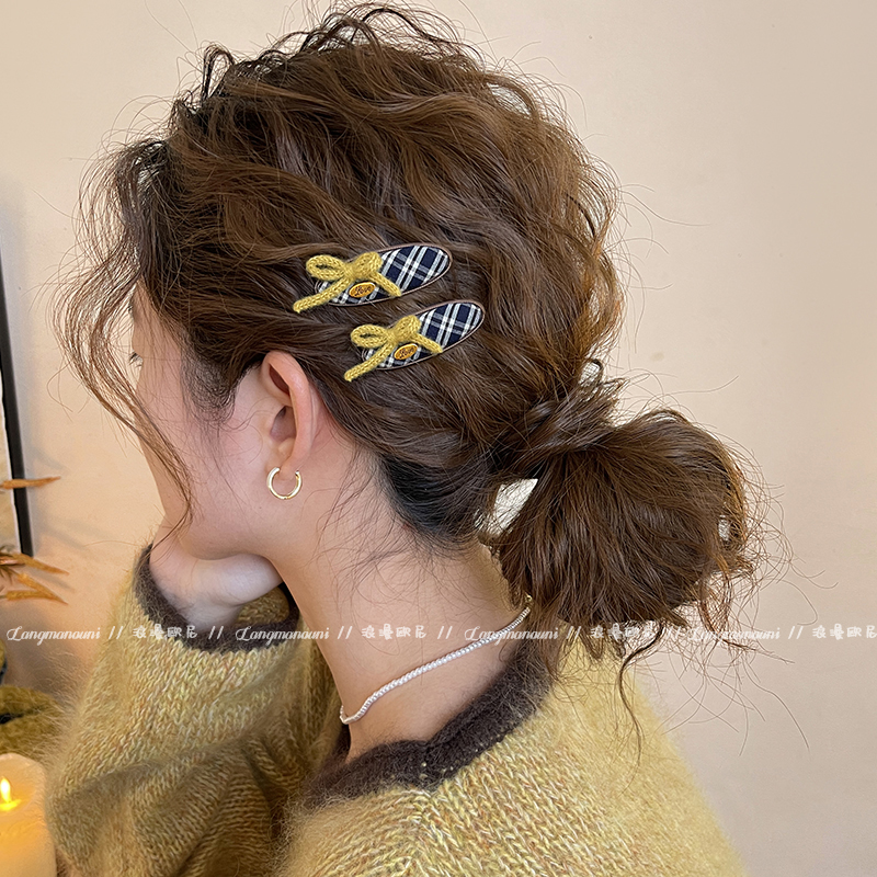 针织蝴蝶结格纹发夹女2025新款碎发刘海夹前额侧边夹高端发卡发饰