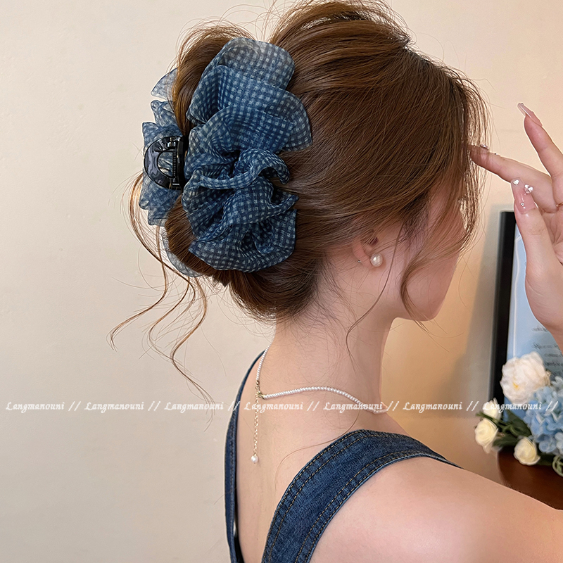 格子泡泡网纱抓夹女2025新款高级感鲨鱼夹后脑勺盘发大号发夹发饰