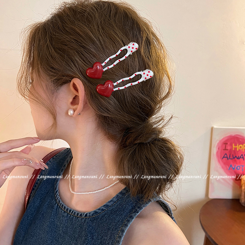 红色波点爱心发夹女百搭显白鸭嘴夹前额碎发侧边夹高级感刘海夹子