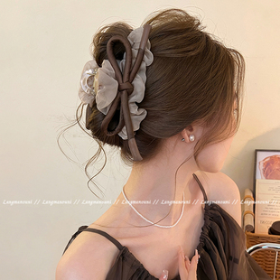温柔咖调 发夹子头饰 蝴蝶结网纱抓夹女春夏高级感鲨鱼夹2025新款