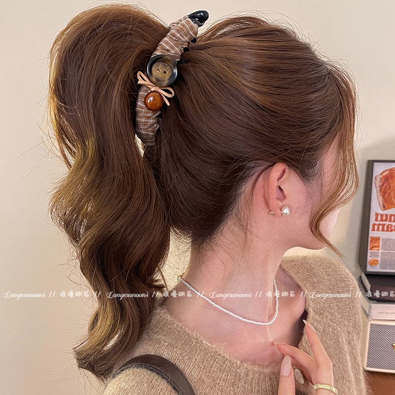 创意纽扣格纹香蕉夹抓夹女2025新款高级感竖夹高马尾扭扭夹发饰秋