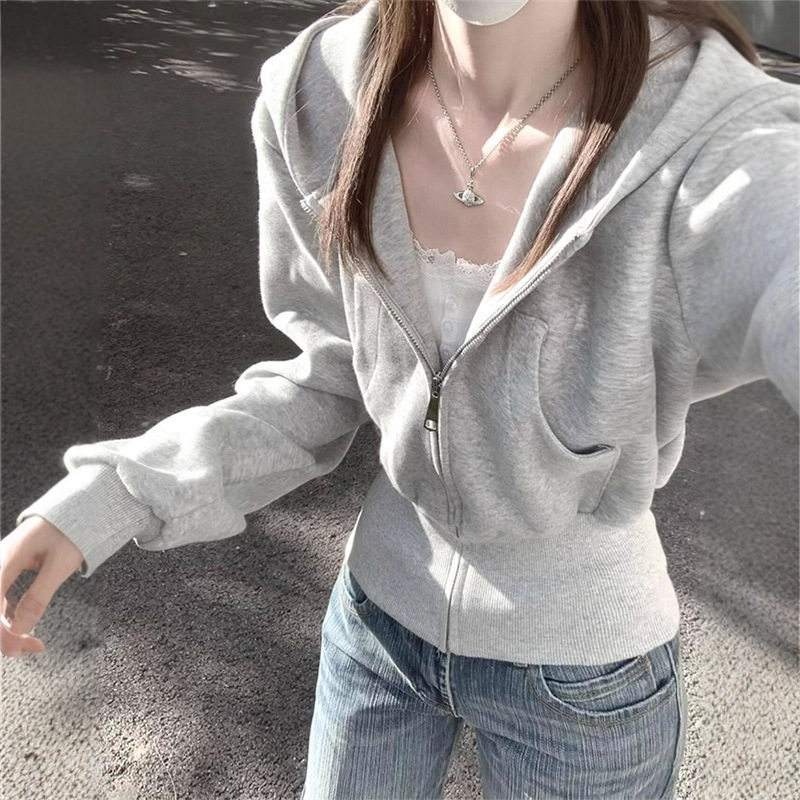 灰色连帽卫衣外套女早秋季小个子长袖收腰短款薄上衣韩系通勤穿搭