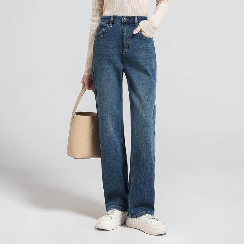 莱赛尔2024秋冬窄版直筒牛仔裤女小个子中高腰深蓝色四面弹加绒
