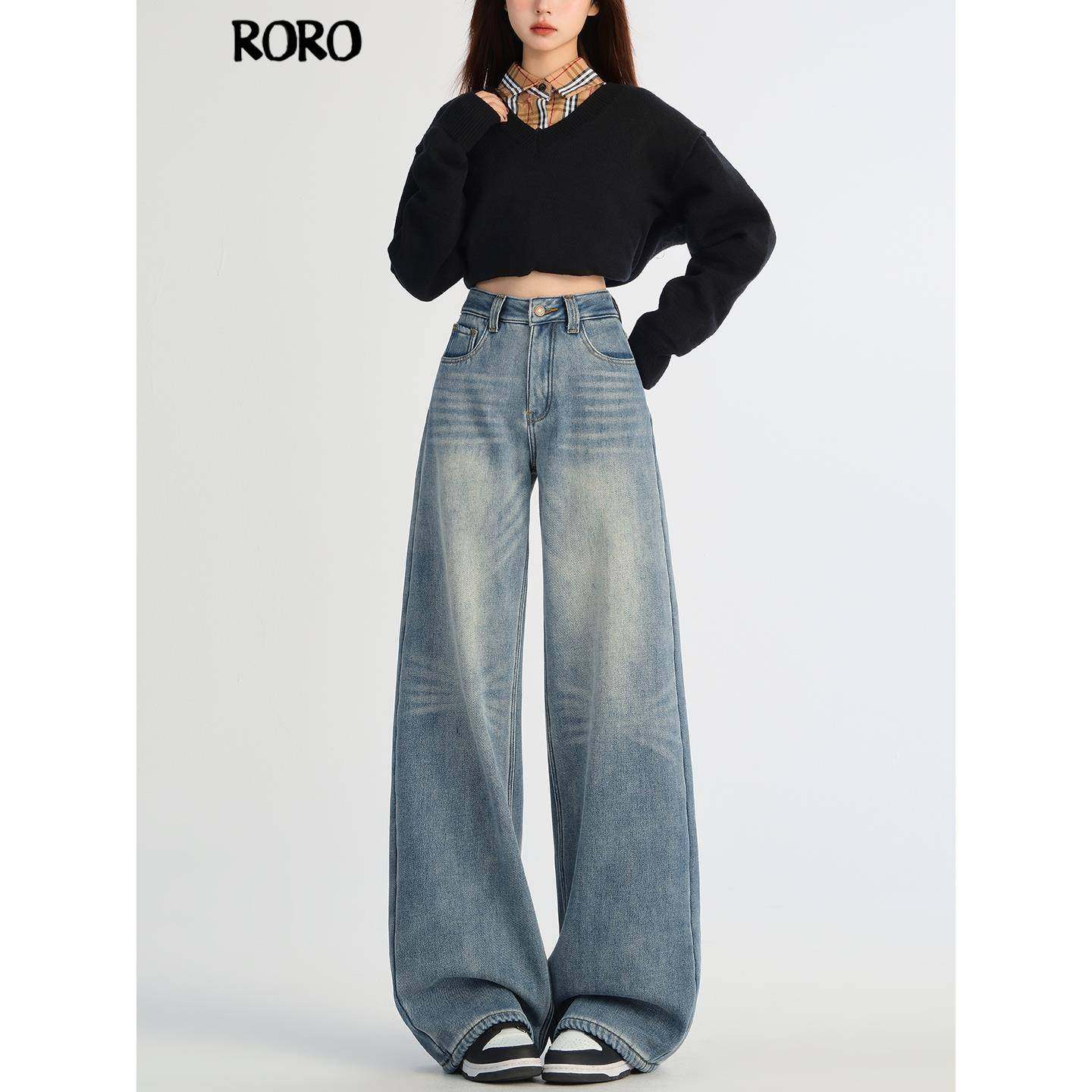 RORO浅蓝窄版阔腿牛仔裤女2025新款梨形显瘦设计感加绒直筒裤女