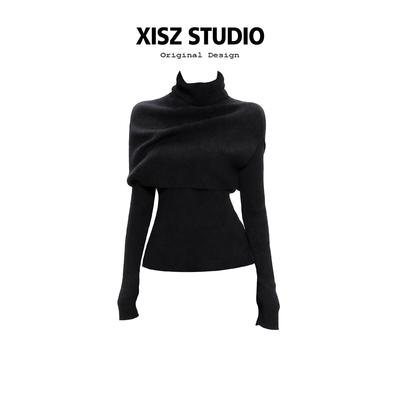法式高领披肩针织衫女秋冬季修身显瘦打底衫内搭高级感黑色毛衣