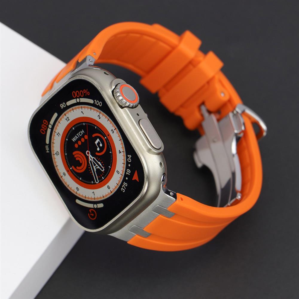 适用苹果AppleWatchS11折叠Ultra3蝴蝶se爱马扣AP硅胶S10表带49mm