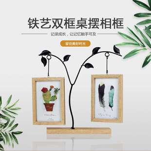 新奇特鐵藝6寸懸掛雙面相框 飾擺臺工藝品 創意樹葉鐵絲裝