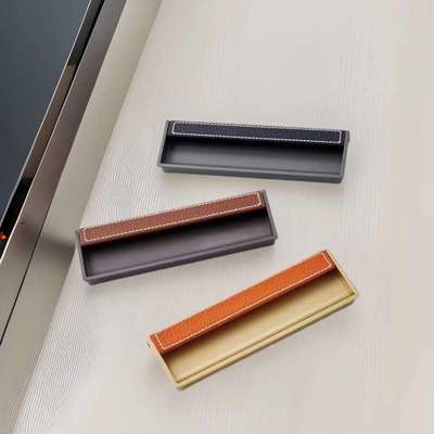锌合金拉手开槽隐藏柜门把手衣柜皮质暗拉手扣手家具隐形设计